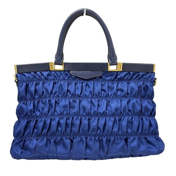 PRADA Gathered Bag Navy Nylon Leather - Handbag 593-081325 - Picture 1 of 9